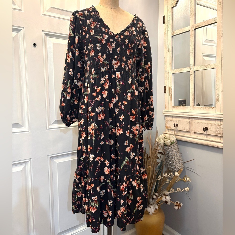 Old Navy Womens Black Floral Smocked Bodice Long Sleeve Midi Dress L Boho Chic